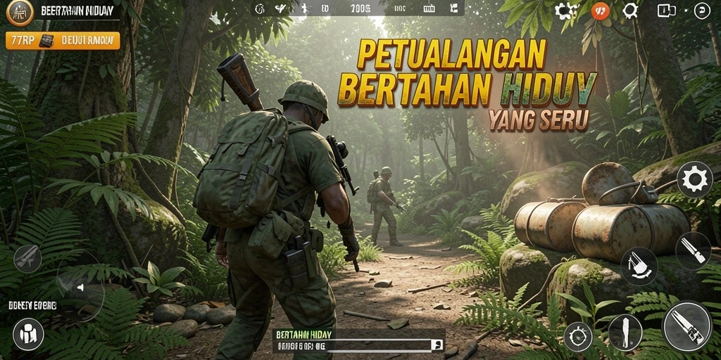 Antarmuka utama 77RP menampilkan aksi Bertahan Hidup yang menegangkan.